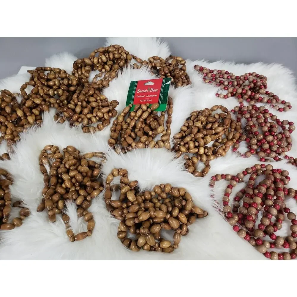 Santas Best 117 Ft Garland Christmas Tree Bead Natural Wood‎ Red MCM Valentines